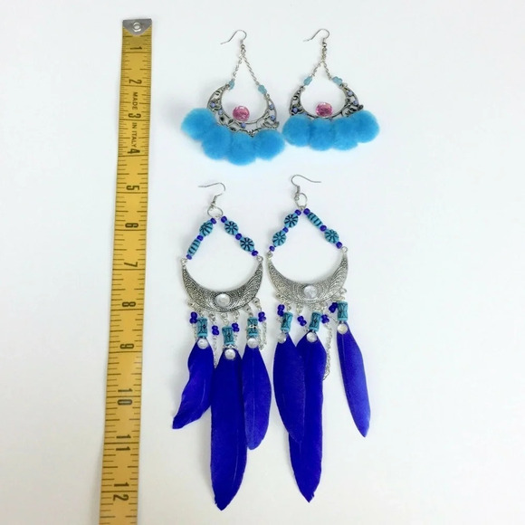 OOAK Artsy Wild Boho Statement Earrings Dangle Feathers Poms Handmade - Picture 5 of 5